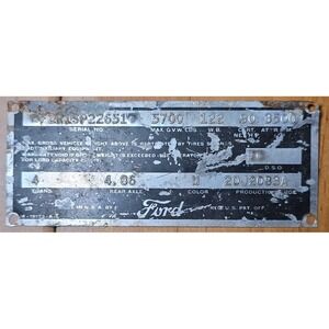1952 Ford Truck Data Plate Stamped Metal Tag